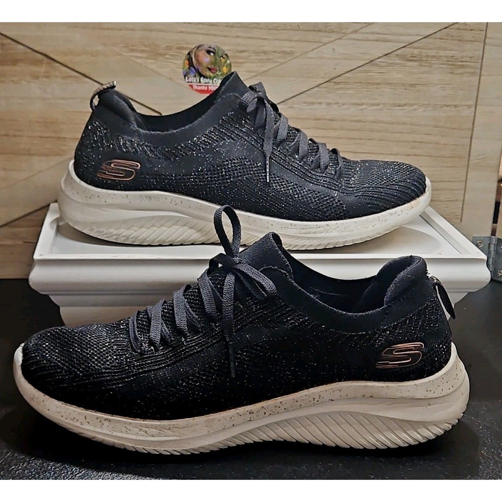 Skechers Ultra Flex 3.0 Let's Dance Slip In Sneakers 8 Black Rose Gold GUC #755